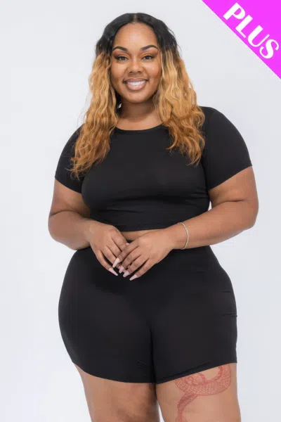 Fashnzfab Women's Plus Size Short Sleeve Crop Top & Shorts Set In Black