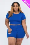 Fashnzfab Women's Plus Size Short Sleeve Crop Top & Shorts Set In Blue