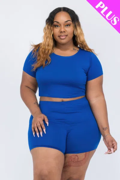 Fashnzfab Women's Plus Size Short Sleeve Crop Top & Shorts Set In Blue