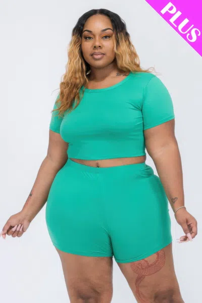 Fashnzfab Women's Plus Size Short Sleeve Crop Top & Shorts Set In Green