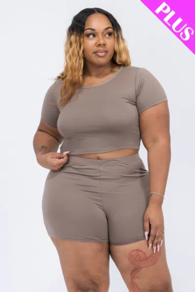 Fashnzfab Women's Plus Size Short Sleeve Crop Top & Shorts Set In Grey