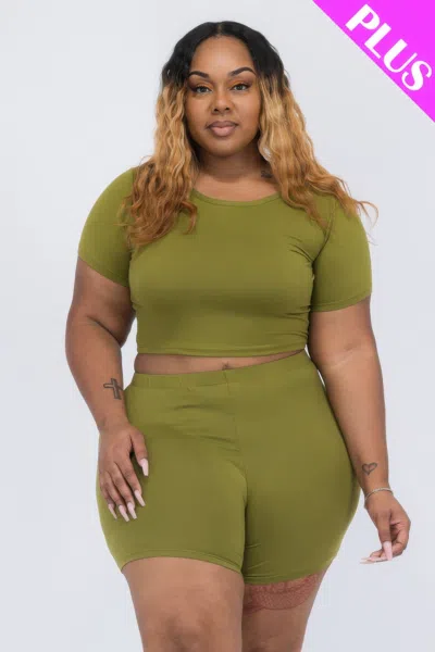 Fashnzfab Women's Plus Size Short Sleeve Crop Top & Shorts Set In Multi