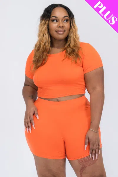 Fashnzfab Women's Plus Size Short Sleeve Crop Top & Shorts Set In Orange