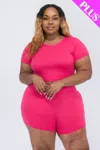 Fashnzfab Women's Plus Size Short Sleeve Crop Top & Shorts Set In Pink