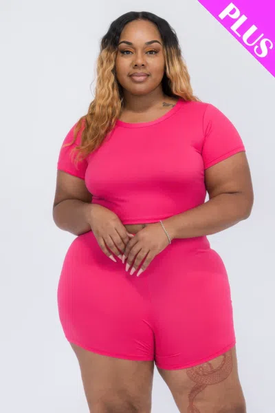 Fashnzfab Women's Plus Size Short Sleeve Crop Top & Shorts Set In Pink