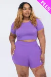 Fashnzfab Women's Plus Size Short Sleeve Crop Top & Shorts Set In Purple