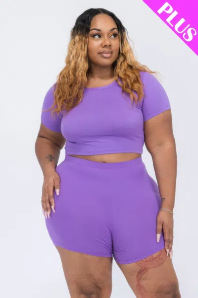 Fashnzfab Women's Plus Size Short Sleeve Crop Top & Shorts Set In Purple