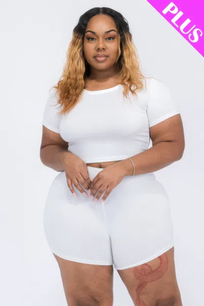 Fashnzfab Women's Plus Size Short Sleeve Crop Top & Shorts Set In White