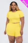 Fashnzfab Women's Plus Size Short Sleeve Crop Top & Shorts Set In Yellow