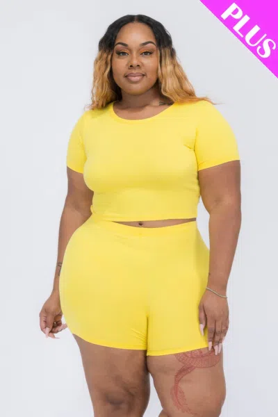 Fashnzfab Women's Plus Size Short Sleeve Crop Top & Shorts Set In Yellow