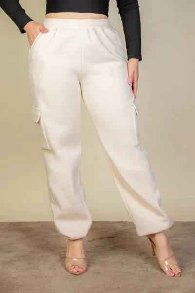 Fashnzfab Women's Plus Size Side Pocket Drawstring Waist Sweatpants In White