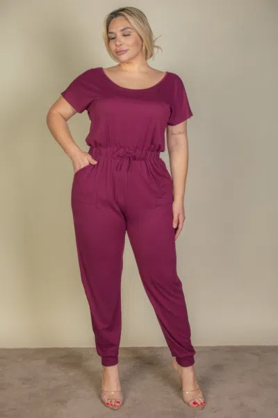 Fashnzfab Women's Plus Size Solid Drawstring Short Sleeve Jumpsuit In White