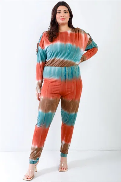 Fashnzfab Women's Plus Tie-dye Lace Up Shoulder Details Back Wrap Cut-out Jumpsuit In Multi