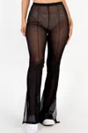 Fashnzfab Women's Poly Mesh Front Slit High Waist Flared Pants In Black