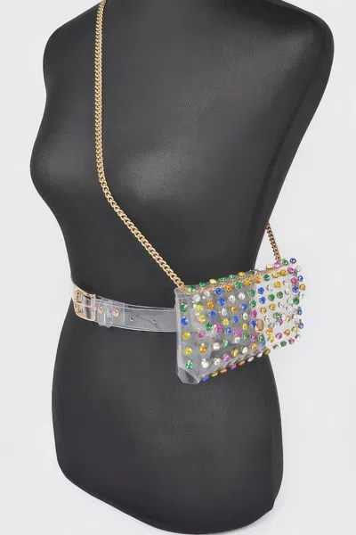 Fashnzfab Women's Rhinestone Clear Belt Bag W/chain In Beige