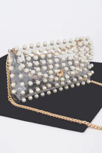 Fashnzfab Women's Rhinestone Clear Belt Bag W/chain In White