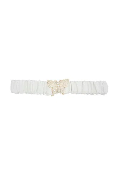Fashnzfab Women's Rhinestone Pave Butterfly Ruched Elastic Back Belt In White