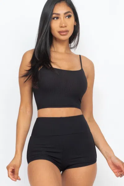 Fashnzfab Women's Ribbed Cami Crop Top & Ruched Shorts Set In Black