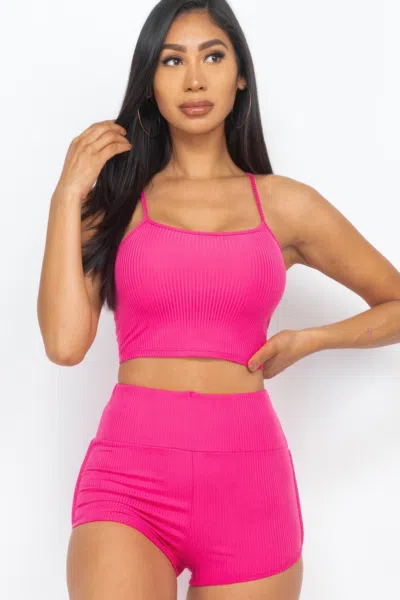 Fashnzfab Women's Ribbed Cami Crop Top & Ruched Shorts Set In Pink
