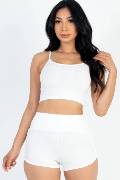 Fashnzfab Women's Ribbed Cami Crop Top & Ruched Shorts Set In White