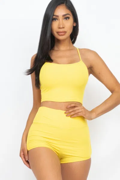 Fashnzfab Women's Ribbed Cami Crop Top & Ruched Shorts Set In Yellow