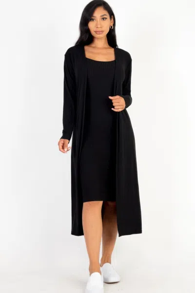 Fashnzfab Women's Ribbed Cardigan & Cami Midi Bodycon Dress In Black