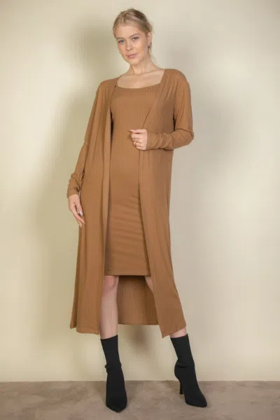 Fashnzfab Women's Ribbed Cardigan & Cami Midi Bodycon Dress In Brown