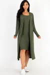 Fashnzfab Women's Ribbed Cardigan & Cami Midi Bodycon Dress In Green