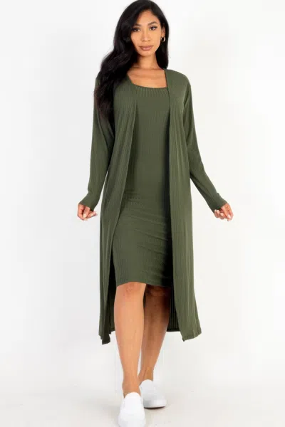 Fashnzfab Women's Ribbed Cardigan & Cami Midi Bodycon Dress In Green