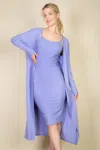 Fashnzfab Women's Ribbed Cardigan & Cami Midi Bodycon Dress In Purple