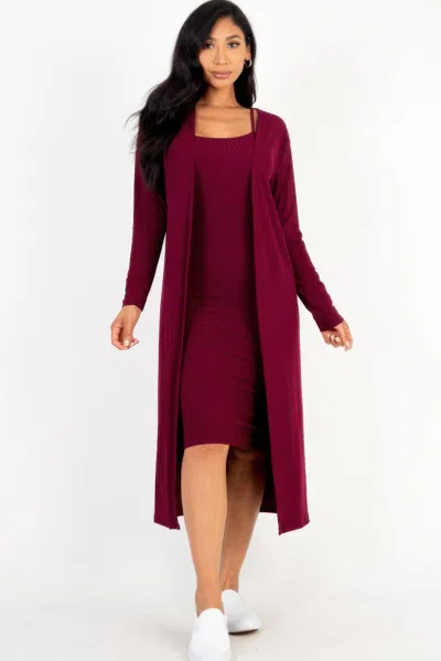 Fashnzfab Women's Ribbed Cardigan & Cami Midi Bodycon Dress In White