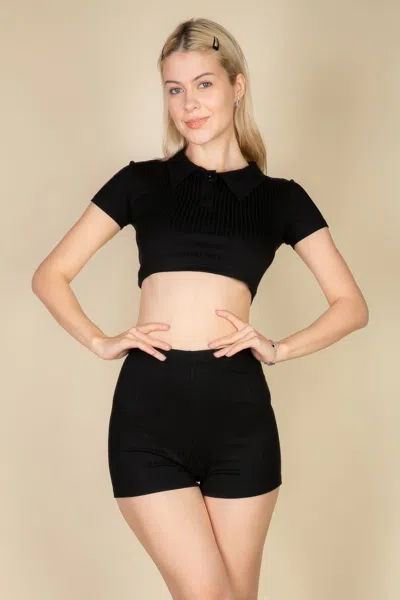 Fashnzfab Women's Ribbed Collared Short Sleeve Crop Top & Shorts Set In Black