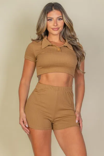 Fashnzfab Women's Ribbed Collared Short Sleeve Crop Top & Shorts Set In Brown