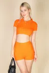 Fashnzfab Women's Ribbed Collared Short Sleeve Crop Top & Shorts Set In Orange