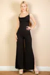 Fashnzfab Women's Ribbed Cowl Neck Backless Split Wide Leg Jumpsuit In Black