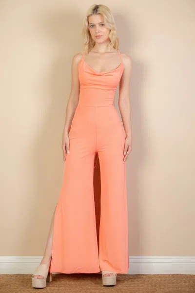 Fashnzfab Women's Ribbed Cowl Neck Backless Split Wide Leg Jumpsuit In Pink