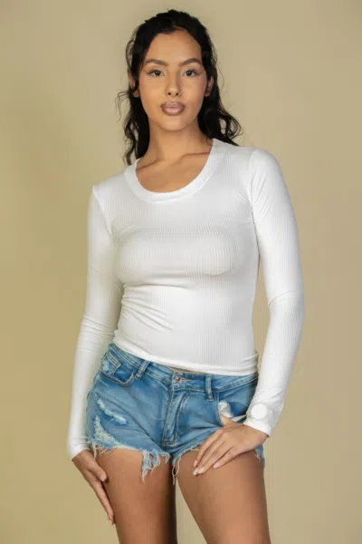 Fashnzfab Women's Ribbed Crew Neck Long Sleeve Tee In White
