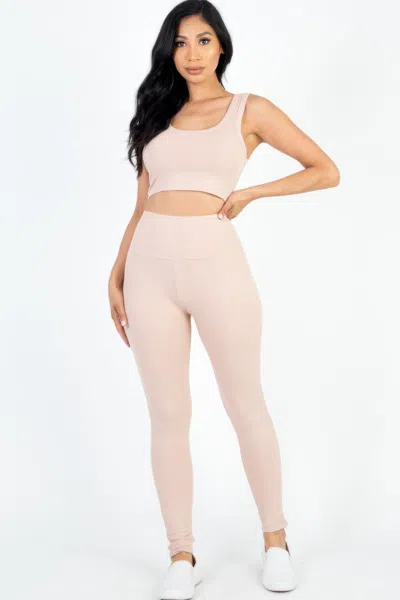 Fashnzfab Women's Ribbed Crop Top & Leggings Set In Gold