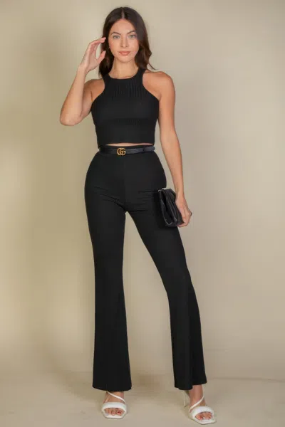 Fashnzfab Women's Ribbed Cropped Top And Bootcut Pants Sets In Black