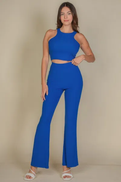 Fashnzfab Women's Ribbed Cropped Top And Bootcut Pants Sets In Blue