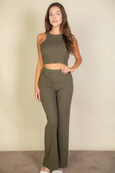 Fashnzfab Women's Ribbed Cropped Top And Bootcut Pants Sets In Green