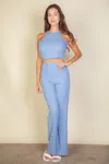 Fashnzfab Women's Ribbed Cropped Top And Bootcut Pants Sets In Grey