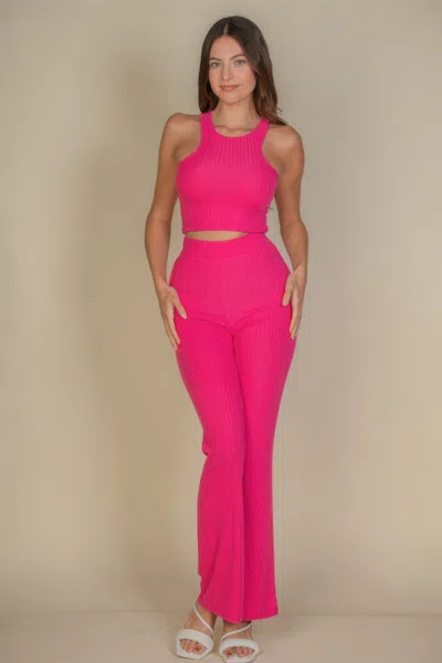 Fashnzfab Women's Ribbed Cropped Top And Bootcut Pants Sets In Pink