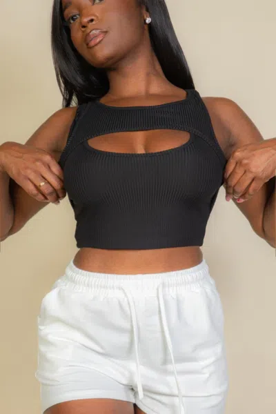 Fashnzfab Women's Ribbed Cut Out Front Crop Top In Black