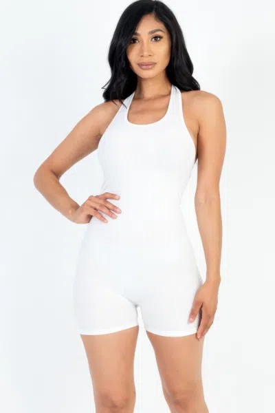 Fashnzfab Women's Ribbed Halter Neck Backless Romper In White