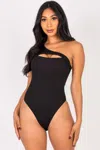 Fashnzfab Women's Ribbed Knit Cut Out One Shoulder Bodysuit In Black