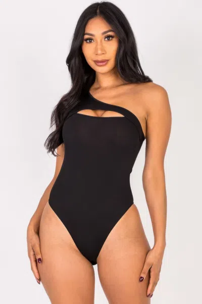 Fashnzfab Women's Ribbed Knit Cut Out One Shoulder Bodysuit In Black