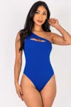 Fashnzfab Women's Ribbed Knit Cut Out One Shoulder Bodysuit In Blue