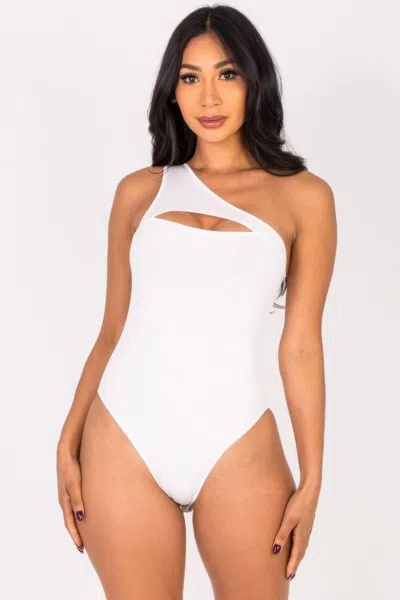 Fashnzfab Women's Ribbed Knit Cut Out One Shoulder Bodysuit In White