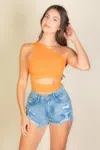 Fashnzfab Women's Ribbed Knit Cut Out One Shoulder Crop Top In Orange